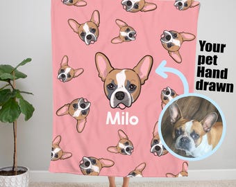 Custom Pet Blanket - Velveteen Throw with Hand Drawn Pet Portrait from Photo - Personalized Dog or Cat Gift - Pet Face Blanket