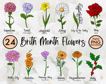 Geburtsmonat Blumen Clipart PNG Bundle - DIY personalisiertes Geschenk für Mütter und Großmütter - Digitale Blumen für Canva oder Kittl