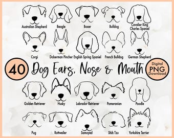 Hunderasse Hand gezeichnet Line Art PNG Bundle - 40 Hunde Gesicht Clipart Ohren Nasen Mund - Haustier Porträt-Elemente für Procreate, Cricut, Aufkleber