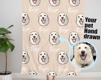Custom Pet Blanket - Velveteen Throw with Hand Drawn Pet Portrait from Photo - Personalized Dog or Cat Gift - Pet Face Blanket