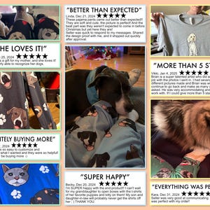 May include: Five customer reviews for a personalized pet clothing company. Each review includes a five-star rating, a date, the customer's name, and a short description of their experience. The reviews are accompanied by images of the clothing and the customers' pets.