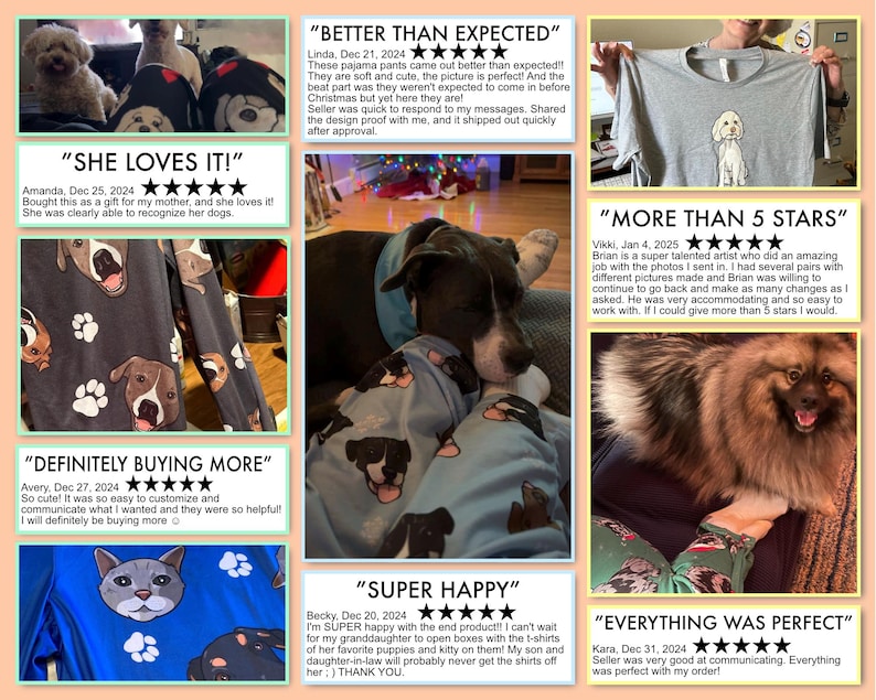 May include: Five customer reviews for a personalized pet clothing company. Each review includes a five-star rating, a date, the customer's name, and a short description of their experience. The reviews are accompanied by images of the clothing and the customers' pets.
