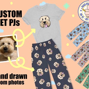 May include: Custom pet pajamas featuring a hand-drawn illustration of a dog on a gray t-shirt and navy blue pajama pants with a repeating pattern of the dog's face. The pajamas are available in a variety of colors and patterns.