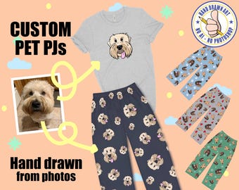 Custom Pet Face Pajamas - Personalized Pet PJ Pants and Shirts Hand Drawn From Photo - Family Matching Pet Clothing - Christmas PJs