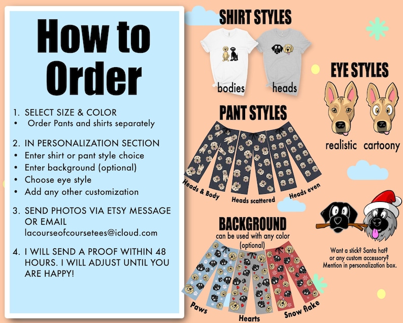 May include: How to order personalized dog shirts and pants. Choose from different shirt styles, pant styles, eye styles, and backgrounds. Send photos via Etsy message or email. A proof will be sent within 48 hours.