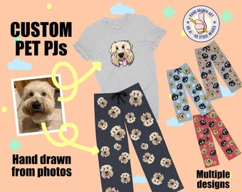 Custom Family Pajamas - Personalize Pet PJ Pants and Shirts with Face Hand Drawn from Photo - Family Matching Pajama Set - Christmas PJs