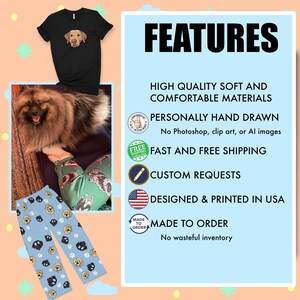 May include: A pair of blue pajama pants with a repeated pattern of paw prints and cartoon dogs. The pants are made to order and feature high quality, comfortable materials. The text "MADE TO ORDER" and "No wasteful inventory" is visible on the image.