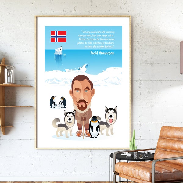 Roald Amundsen in Antarctica with Arctic Dogs and Penguins. Antarctica with Map and Landscape, Education poster for kids, poster, Malamute