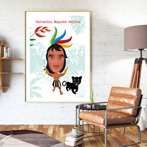 May include: A framed print featuring a cartoon illustration of a Mapuche warrior named Galvarino. The warrior holds two blades and is accompanied by a black panther. The print has a light blue background with floral elements and the text "Galvarino, Mapuche warrior".