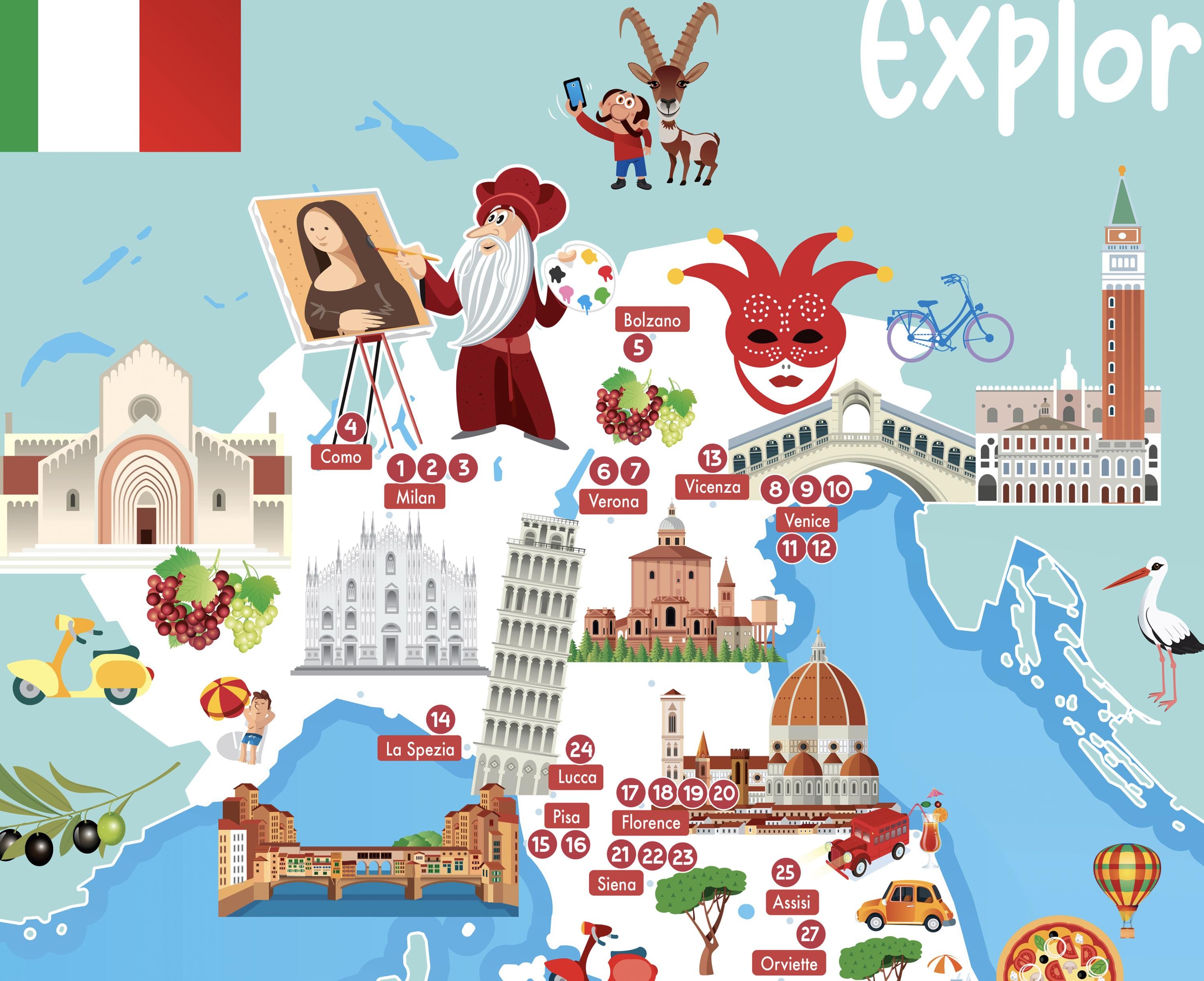 Italy Cartoon Map Print: 75 Landmarks, Travel Wall Art (digital