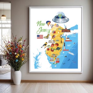 Pode incluir: Um mapa emoldurado de Nova Jersey com ilustrações coloridas de marcos, ícones e um alienígena em uma nave espacial. O mapa inclui o texto "New Jersey" em escrita verde, uma bandeira americana e vários símbolos.