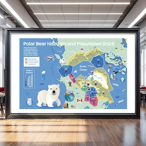 Puede incluir: Un mapa enmarcado titulado "Hábitats y población de osos polares (2021)" con una ilustración de un oso polar. El mapa muestra los hábitats y los datos de población de osos polares, con regiones codificadas por colores y una leyenda.