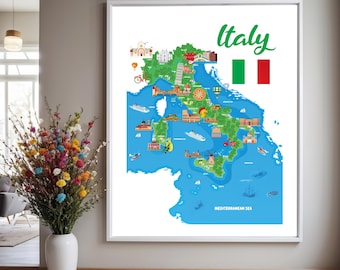 Mapa de viaje de Italia para imprimir / Arte colorido de la península italiana (Descarga digital)