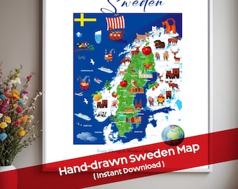 Sweden Cartoon Map Art, Vikings to Modern Wonders Illustration (Digital Download)
