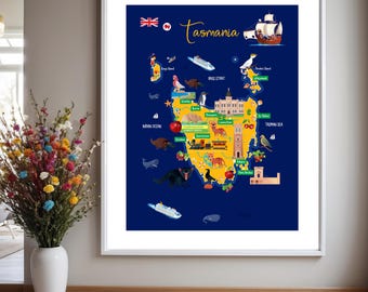 Tasmania Cartoon Map: Travel Landmarks & Animals (Digital Download)
