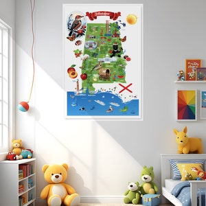 ALABAMA CARTOON MAP | Fun Alabama Map | Alabama Wall Art | Travel Themed Map | Instant Download Colorful Alabama Cultural Map