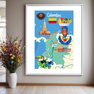 Colombia Cartoon Map Poster: Traditional Dress, Fruits & Landmarks (Digital Download)