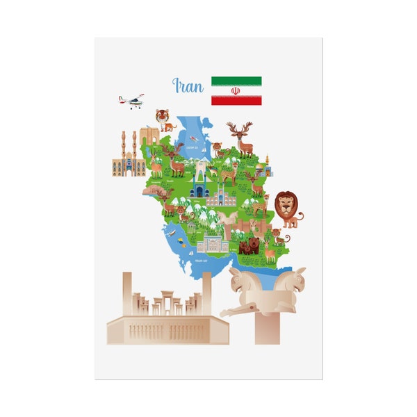 Iran Cultural Map, Iran Cartoon Map Rolled Posters, Iran travel Map Rolled Posters