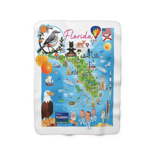 Florida Travel Map patterned Sherpa Fleece Blanket, Florida cartoon Map patterned Sherpa Fleece Blanket