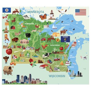 MINESOTA MAP Poster | WISCONSIN Map Poster | Educational Fun Cartoon Map | Lake Superior Map | Lake Michigan Map | Great Lakes Map