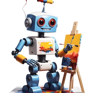 May include: A cartoon robot, blue and white, painting on a canvas. The robot has red eyes and a smiling face. Paint splatters on the floor. The robot is holding a paintbrush and painting a colourful landscape.
