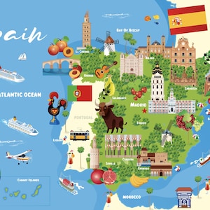 Spain Travel Map Print: Iberian Peninsula Wall Art (Digital Download Jpg File)