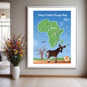 May include: A framed Okapi Habitat Range Map poster. The poster features a cartoon illustration of an okapi, a map of Africa, and the text "Okapi Habitat Range Map". The map is green, and the okapi is brown and white.