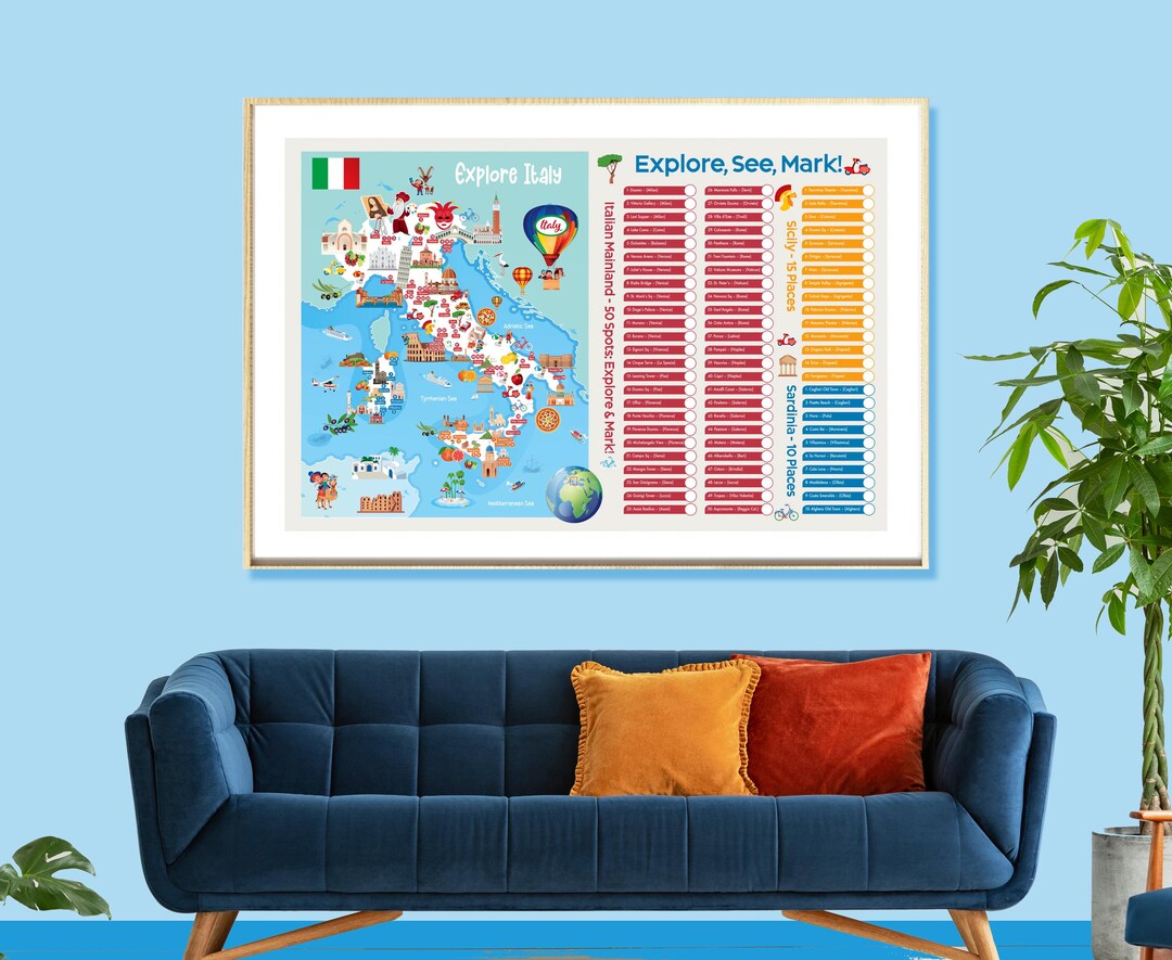 Italy Cartoon Map Print: 75 Landmarks, Travel Wall Art (digital