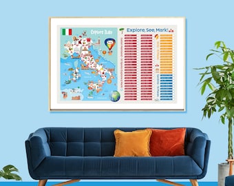 Impresión de mapa de Italia en formato caricatura: 75 lugares emblemáticos, arte mural de viaje (descarga digital)
