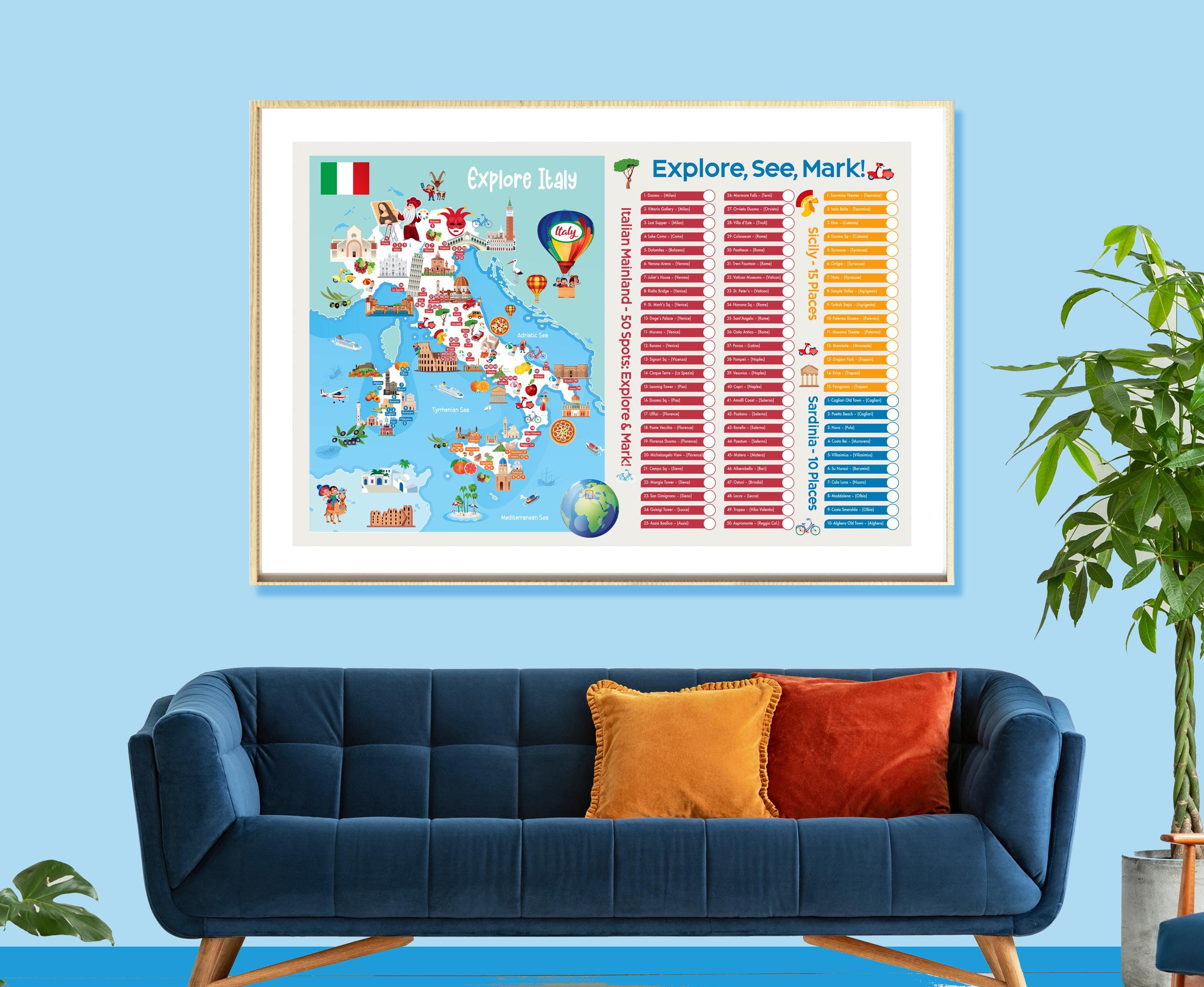Italy Cartoon Map Print: 75 Landmarks, Travel Wall Art (digital