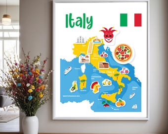 Mapa turístico de Italia / Arte colorido de la península italiana (Descarga digital)