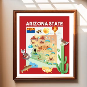 Arizona State Cartoon Map – Fun and Educational Digital Poster, Arizona Travel Map, Perfect for Kids and Teens