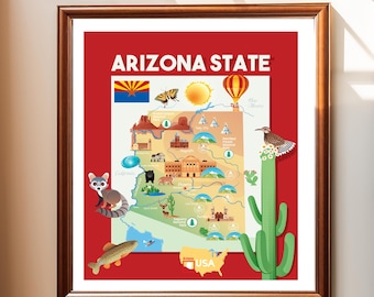 Arizona State Cartoon Map – Fun and Educational Digital Poster, Arizona Travel Map, Perfect for Kids and Teens