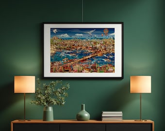 May include: A framed art print depicting a detailed, colorful illustration of a city with a river, bridges, and buildings. The artwork features a variety of elements, including boats, hot air balloons, and seagulls, set against a blue sky. The print is displayed on a dark green wall.