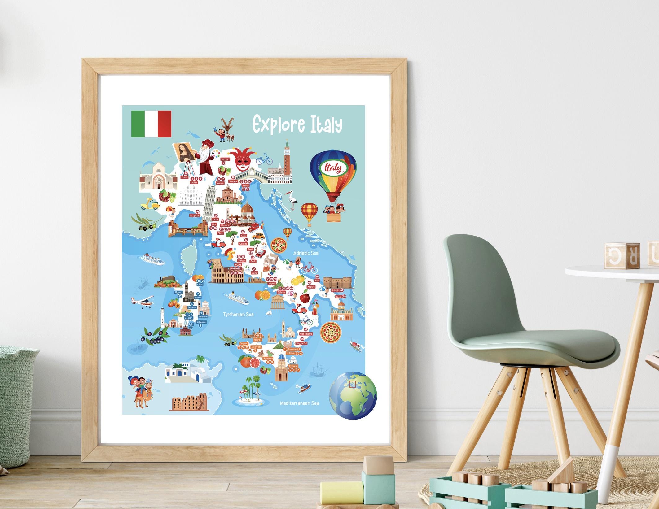 Italy Cartoon Map Print: 75 Landmarks, Travel Wall Art (digital