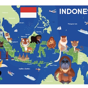 May include: A colorful illustrated map of Indonesia with various animals, landmarks, and the Indonesian flag. The map features a blue background with illustrations of tigers, orangutans, and other animals.