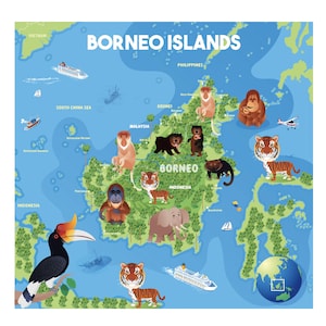 May include: A colorful map of Borneo Islands with illustrations of animals like tigers, orangutans, and elephants. The map includes the text "Borneo Islands" and labels for countries and bodies of water. Ships and airplanes are also depicted.