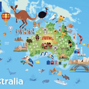 Cartoon Map of Australia | Map of Australia | Australia Map | Australia Travel Map Poster | Australia Wall Décor | Australian Culture Map