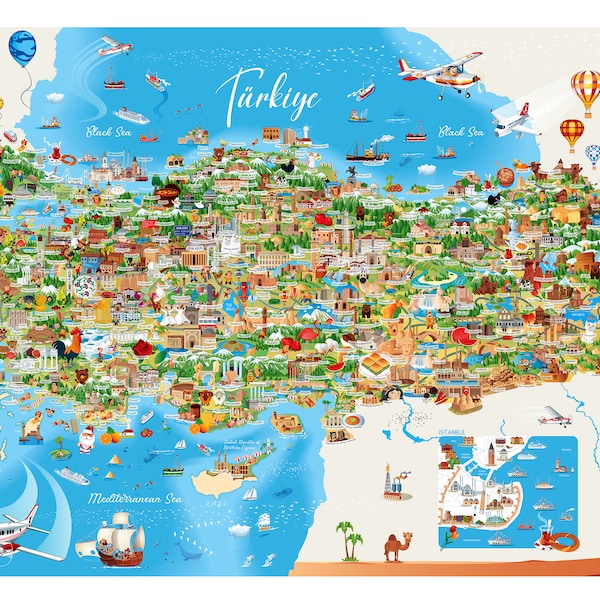 Affiche de carte de dessin animé de la Turquie, affiche de carte de dessin animé d'Istanbul, affiche de carte culturelle de l'Anatolie, affiche de carte touristique de la Turquie Poster horizontal mat
