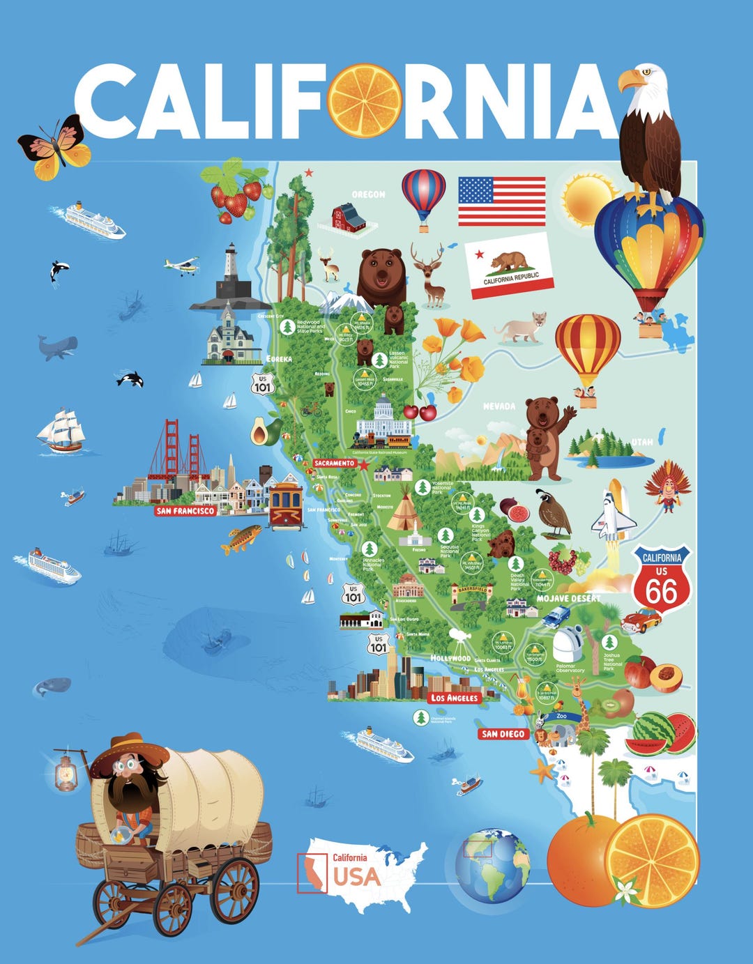 Cartoon California Travel Map, Cultural Landmarks (digital Download) - Etsy