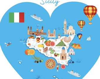 Sicily Cartoon Map: Colorful Travel Art Print (Digital Download)