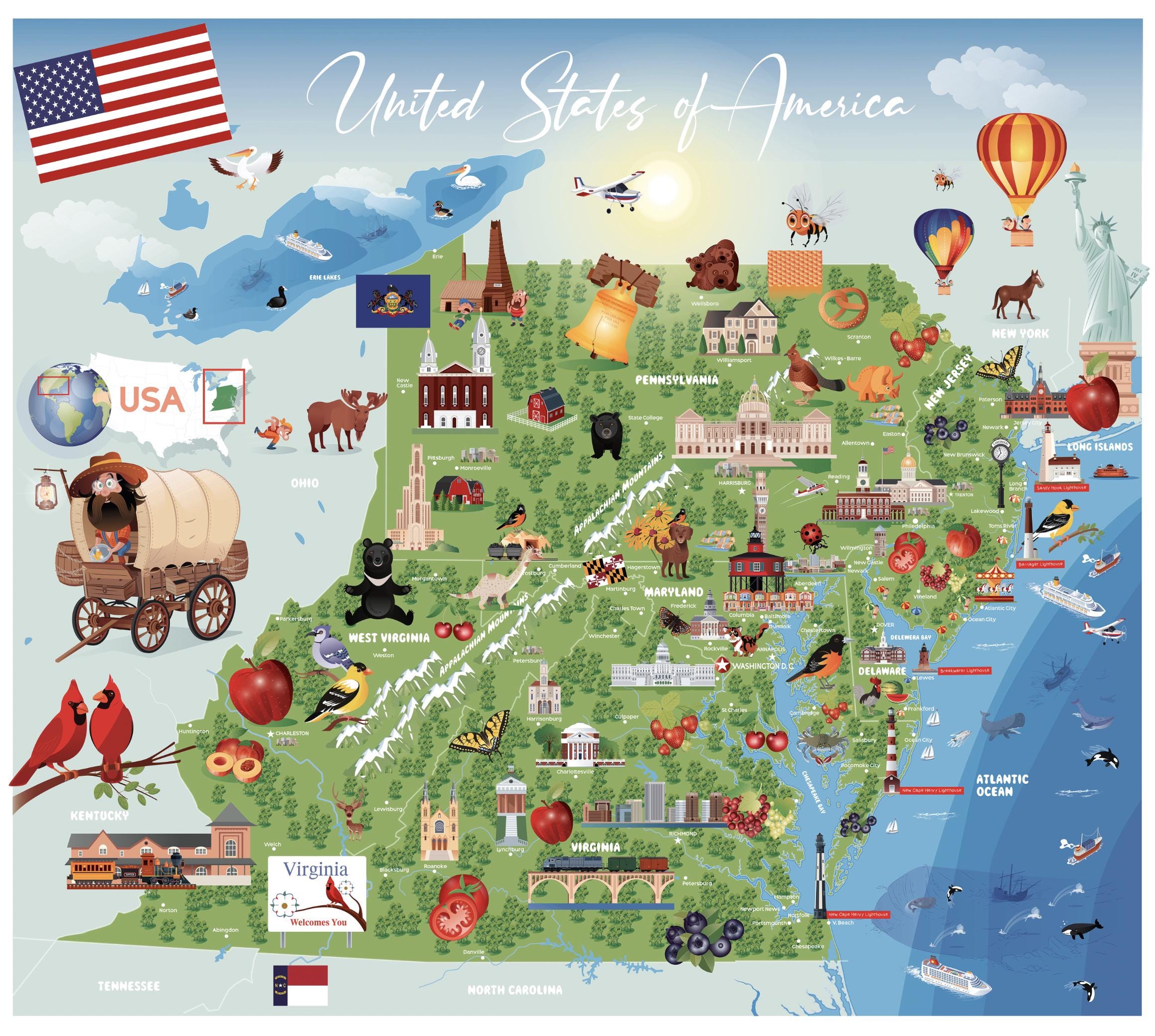 Cartoon USA State Map, Mid-atlantic Theme - Etsy Canada