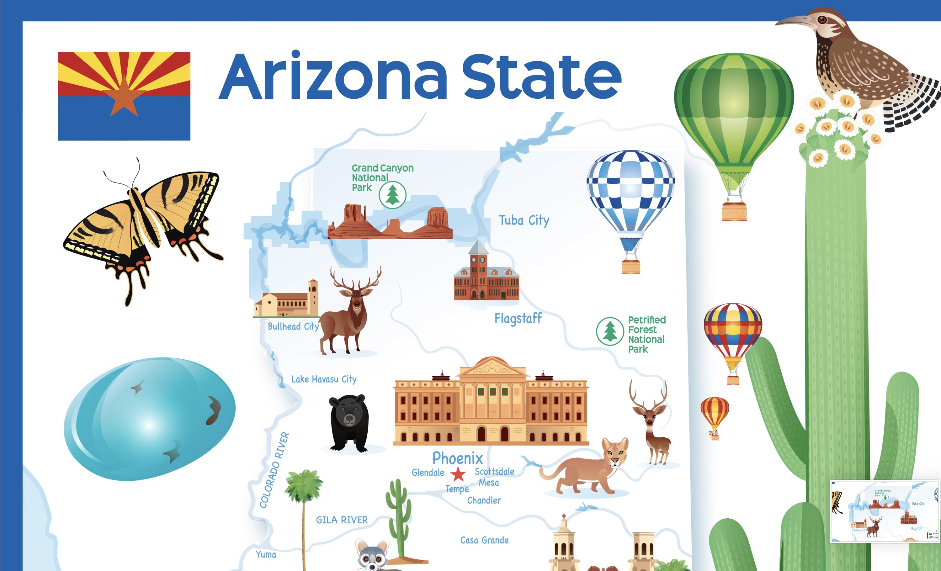 Arizona Cartoon Map: Colorful Illustrated Travel Art Print (digital ...