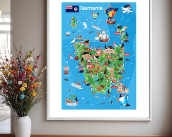 Tasmania Puzzle Map: Funny Cartoon Landmarks & Animals (Digital Download)