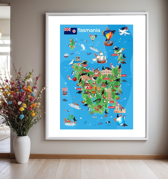 Tasmania Puzzle Map: Funny Cartoon Landmarks & Animals (digital
