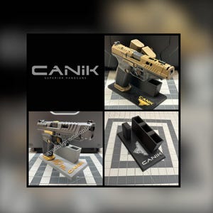 May include: A Canik handgun display stand featuring a black base with the Canik logo in yellow, a grey base with the text Rival and Canik, and a black multi-slot magazine holder. The display includes a tan and black semi-automatic pistol.