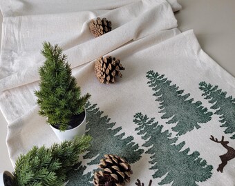 Reindeer and Pine Tree Design,HandPrinted Linen Christmas Table Runner,Rustic Scandinavian Holiday Decor