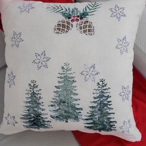Federa per cuscino a forma di albero di pino di Natale, federe per cuscini natalizi con fiocchi di neve invernali, decorazioni natalizie per la casa stampate a mano, regali di decorazioni natalizie