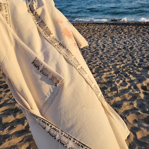 Beach CoverUp,Handmade Bohemian Linen Kimono,Washed Linen Boho Kimono,Wooden Hand Block Printed Kimono,,Natural Linen Robe,Beach Bathrobe