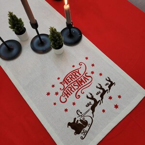 Santa Claus and Reindeer Christmas Linen Table Runner,Festive Holiday Dining decor,Thanksgiving dinner Christmas Table Decor, Holiday Gifts